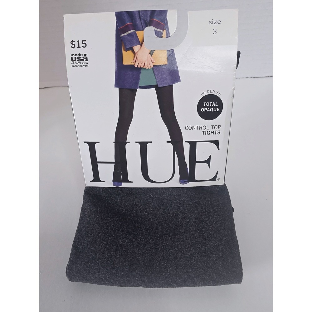 HUE Total Opaque Control Top Tights 90 Denier Graphite Heather Grey Size 3 NEW